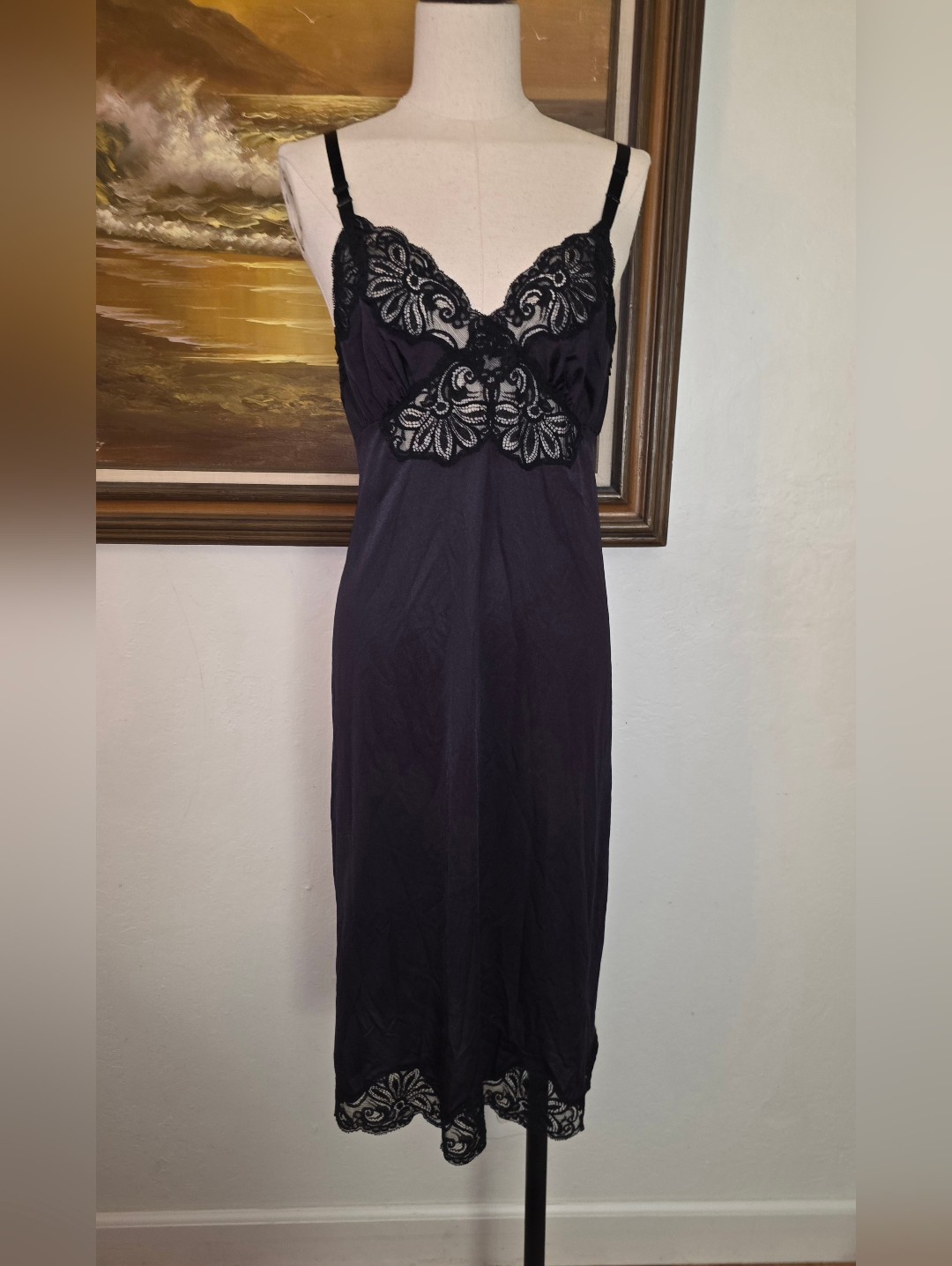 Vintage 1960s Shadowline Black Butterfly Lace Slip Dress